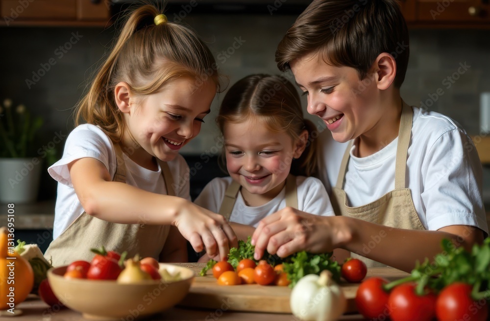 Children preparing healthy meals with vegetables in a cozy kitchen Children preparing healthy meals with vegetables in a cozy kitchen