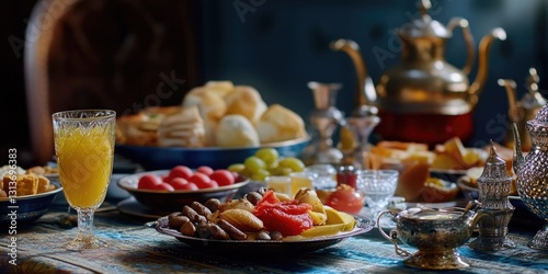 A variety of breakfast foods and beverages including fruit, pastries, and traditional hot drinks.
