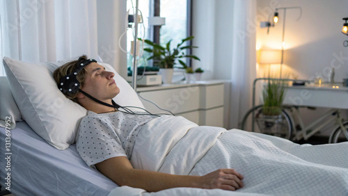 Sleep test Concept, person undergoing sleep study in lab setting, wearing monitoring equipment photo