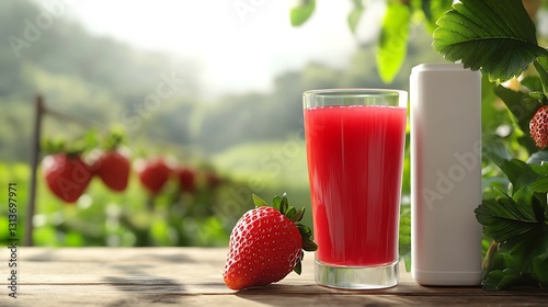 Premium strawberry juice branding shot with fresh red strawberry, glass of thick juice, and white tetra pack on wooden table photo