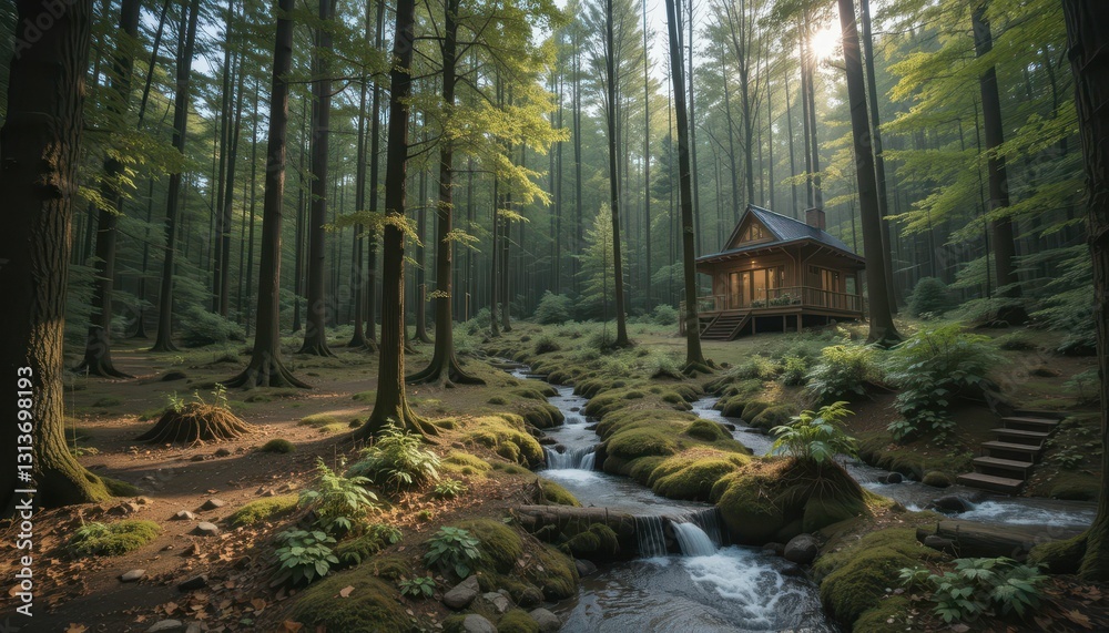 Tranquil Forest Cabin by Stream in Lush Green Environment Tranquil Forest Cabin by Stream in Lush Green Environment