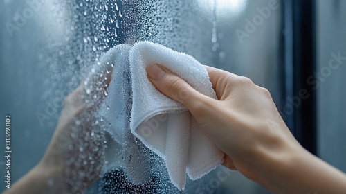 A hand cleaning a wet mirror with a white towel