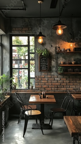 Cozy cafe with wooden tables and warm decor.