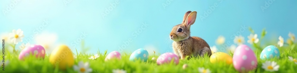 Obraz premium Brown bunny surrounded by colorful Easter eggs on a grassy hill, light blue sky , sky, vibrant