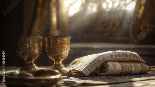 Vintage golden cups and bowls arranged on a table, likely used for religious ceremonies or liturgical purposes. photo