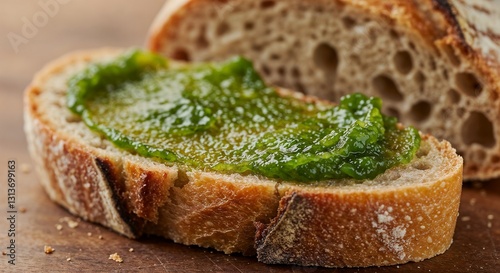 Artisan Bread Slice with Duckweed Spread, Close-up on Wooden Background, Plantible Foods, aka lemna, water lentils, Superfood