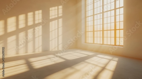 Sunlit empty room with large windows and soft shadows on the floor