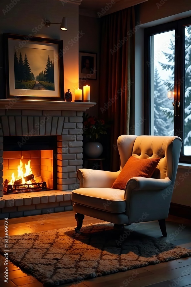 Warm fireplace, plush armchair, soft lighting, rug, inviting Warm fireplace, plush armchair, soft lighting, rug, inviting