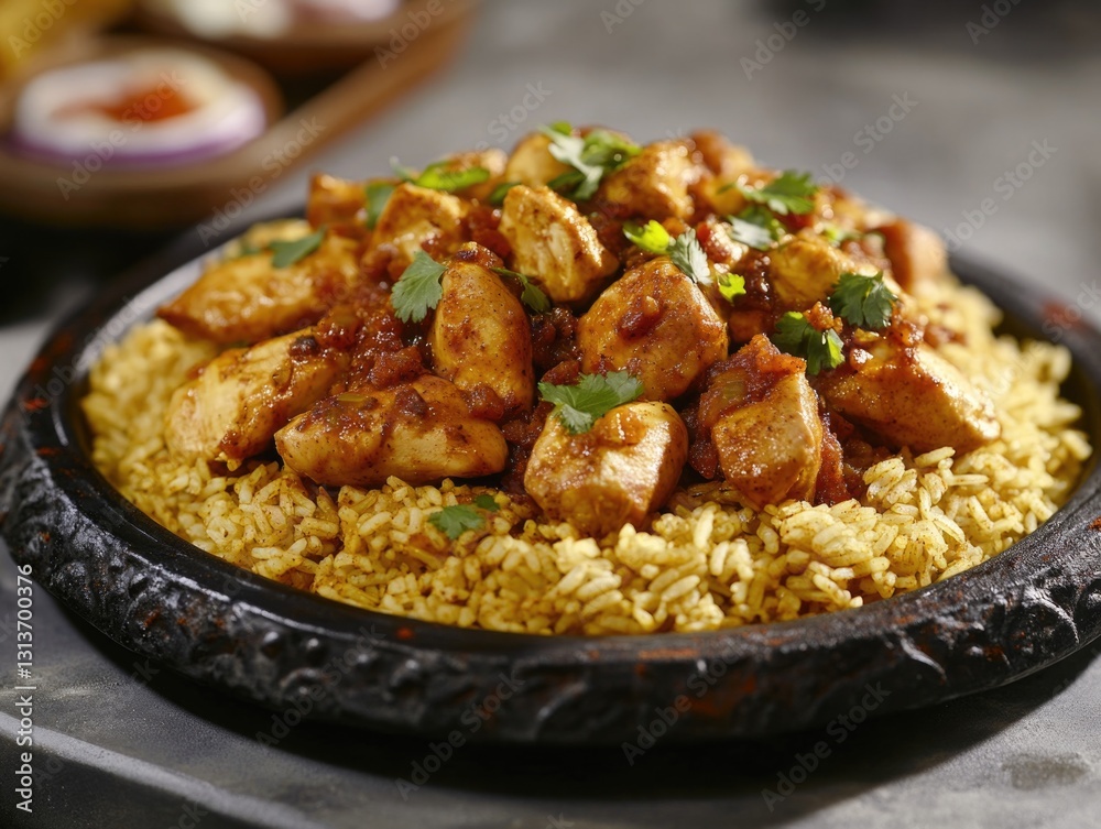 Colorful and hearty Indian chicken curry served with rice, naan bread, and a drizzle of sauce. Colorful and hearty Indian chicken curry served with rice, naan bread, and a drizzle of sauce.