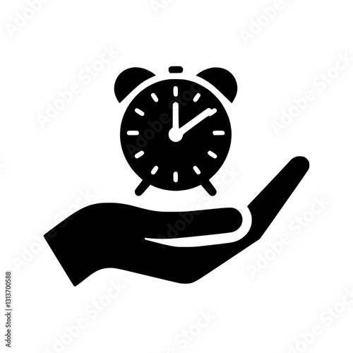 Alarm clock silhouette icon held in hand, symbol of time management and responsibility