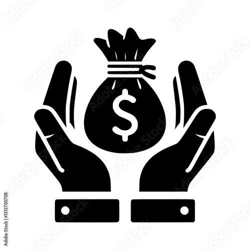 Hands holding a money bag silhouette icon, financial security and wealth representation