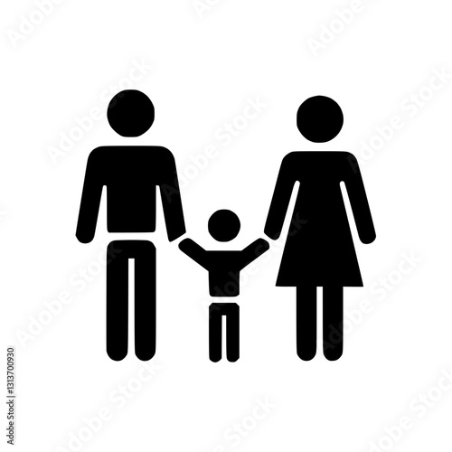 Family silhouette icon, parents holding hands with child, love and togetherness symbol