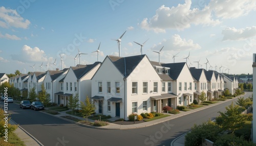 Modern Suburban Neighborhood with Wind Turbines and Clear Sky