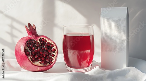 Luxurious pomegranate juice product shot with fresh fruit, crystal glass, and modern white tetra pack on white background photo