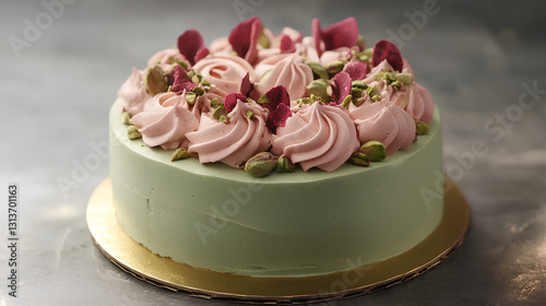 a rose pistachio cake on golden cake board