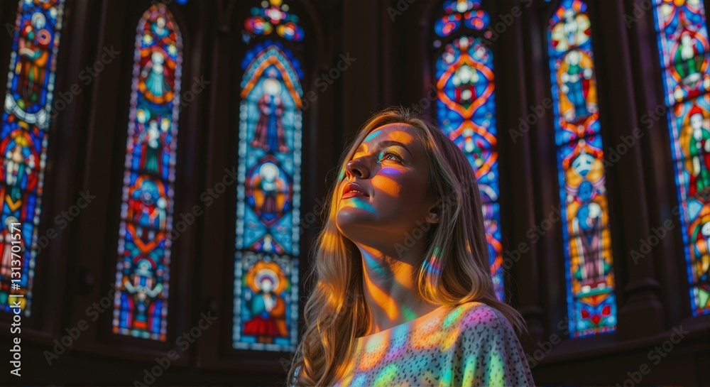 Captivating reflections dance upon her face in a historic cathedral Captivating reflections dance upon her face in a historic cathedral