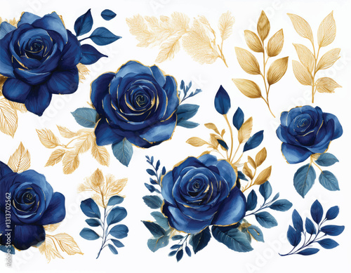Firefly Set watercolor design elements of roses collection garden navy blue flowers, leaves, gold