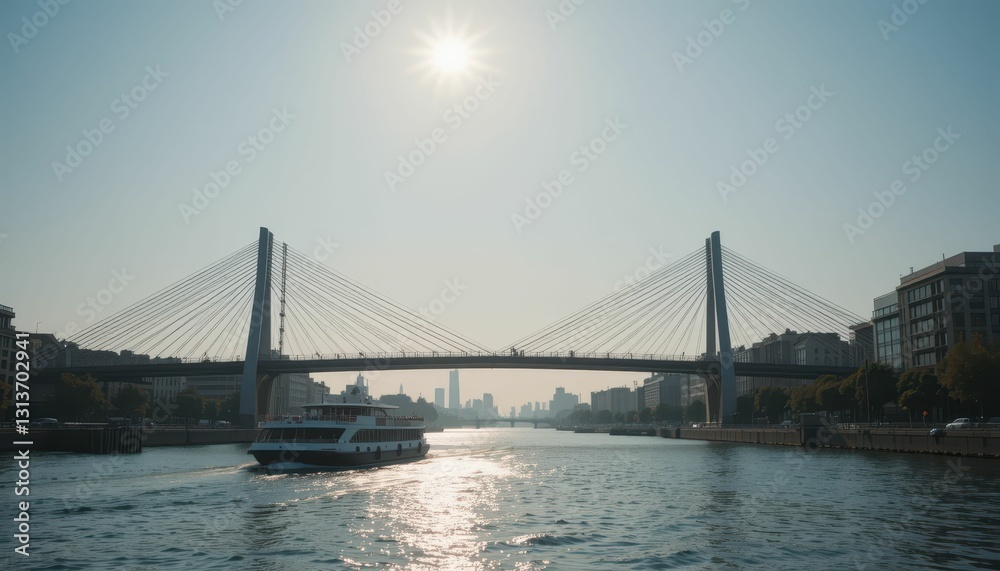 Serene River View Under a Modern Bridge at Sunset Golden Hour Serene River View Under a Modern Bridge at Sunset Golden Hour