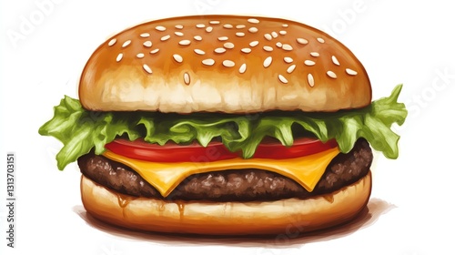 A classic cheeseburger with lettuce, tomato, and dripping sauce