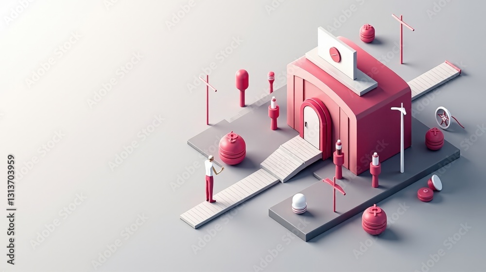 A stock illustration representing Healthcare reform in gray and maroon, blending gradients with metaphors of shields and locked gates A stock illustration representing Healthcare reform in gray and maroon, blending gradients with metaphors of shields and locked gates