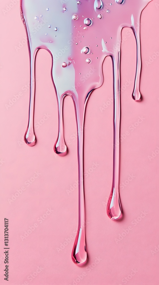Transparent liquid drips down a surface with pink background tones Transparent liquid drips down a surface with pink background tones