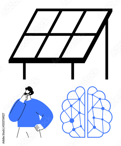 Solar panel, man thinking, and neural network brain illustration underpins energy, innovation, AI, sustainability, problem-solving, renewable resources and modern technology. Ideal for sustainable