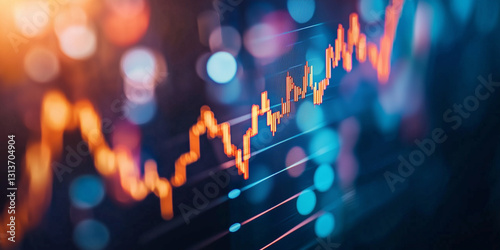 Abstract Data Visualization with Rising Trend Graph and Colorful Bokeh Lights in a Digital Financial Concept Background