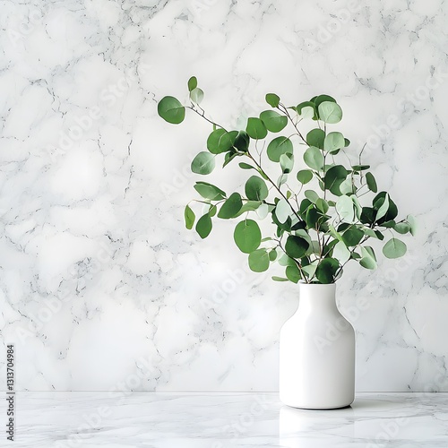 A stylish arrangement of a green plant in a white vase creating a chic decor element for modern interiors and spaces photo