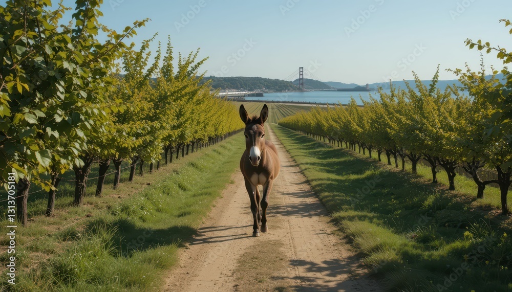 Obraz premium Horse Walking on a Path Amidst Green Foliage by the Bay