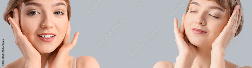 Beautiful young woman on light background, closeup Beautiful young woman on light background, closeup