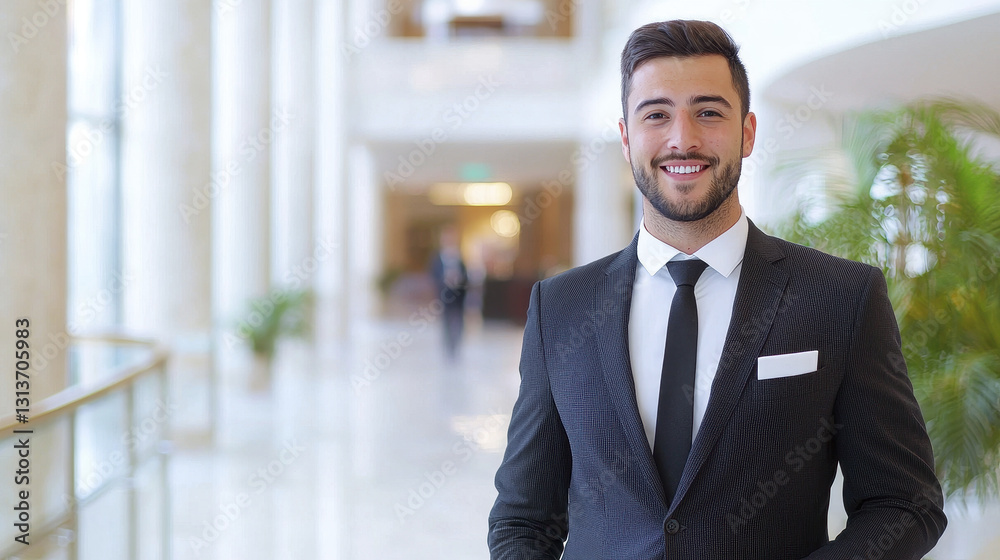 Professional man in suit smiling warmly in modern hotel lobby, exuding confidence and friendliness Professional man in suit smiling warmly in modern hotel lobby, exuding confidence and friendliness