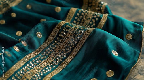 A richly embroidered teal green saree border adorned with intricate gold Zardozi and mirror embellishments, reflecting heritage artistry and refined elegance.