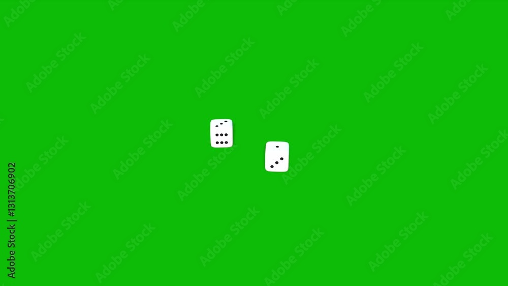Two casino white dices rolling and landing on number 1 and 3 on green screen 3D animation Two casino white dices rolling and landing on number 1 and 3 on green screen 3D animation