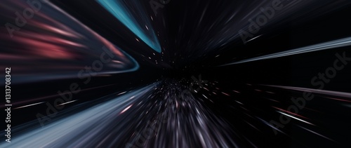 An abstract depiction of a space-time tunnel, drawing viewers into a high-speed journey through a wormhole. Featuring stars, nebulae, and futuristic patterns, it symbolizes interstellar travel and