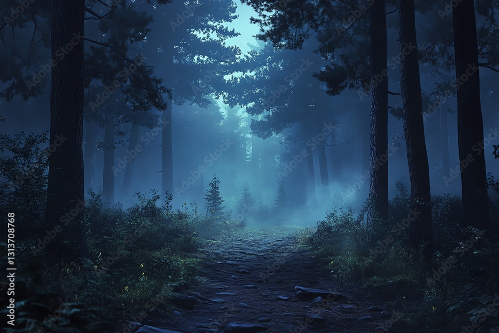 Fototapeta premium Mysterious Forest Pathway Surrounded by Tall Trees and Foggy Atmosphere