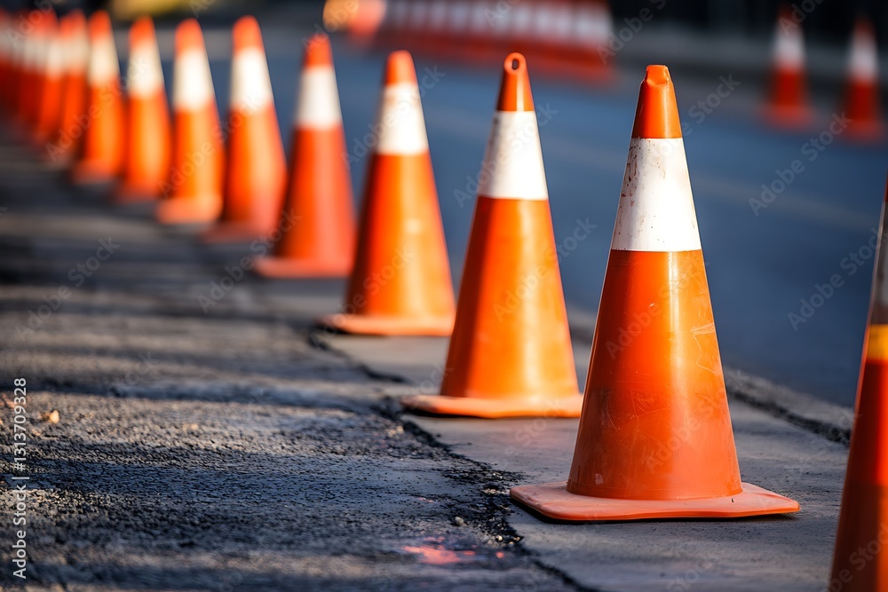Row of Orange Traffic Cones on Road Surface Row of Orange Traffic Cones on Road Surface