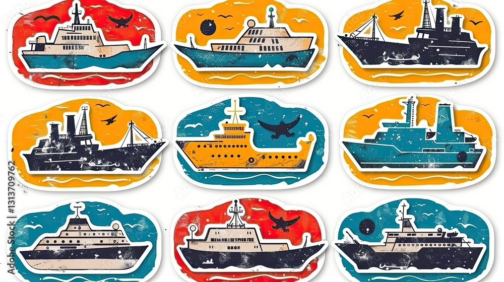 A collection of colorful ship stickers featuring various vessel designs on vibrant backgrounds. A collection of colorful ship stickers featuring various vessel designs on vibrant backgrounds.