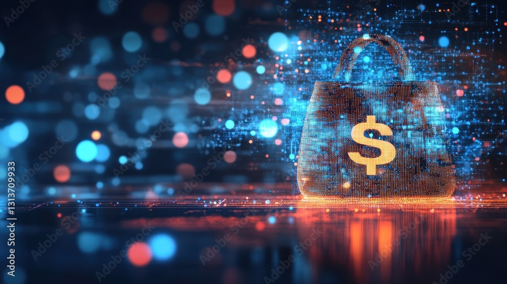 A high-tech moneybag icon with AI-powered fraud detection algorithms in a digital banking environment. A high-tech moneybag icon with AI-powered fraud detection algorithms in a digital banking environment.