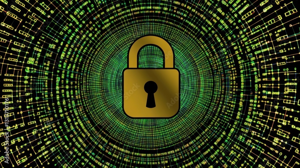 A high-tech padlock icon floating in a digital matrix of encrypted binary code and cybersecurity protocols.