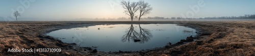 A foggy morning revealing a dried-up lake with mud and a single tree standing tall in the distance. Generative AI photo