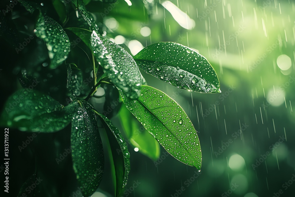 Captivating Close-up of Raindrops on Lush Green Leaves in Natural Light Captivating Close-up of Raindrops on Lush Green Leaves in Natural Light