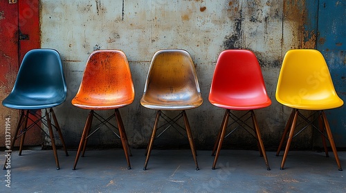 Assorted colorful chairs with different textures lined up neatly against a clean and simple wall