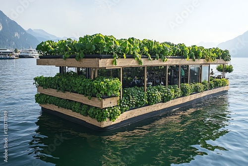 Floating Restaurant with Rooftop Garden on Scenic Lake photo