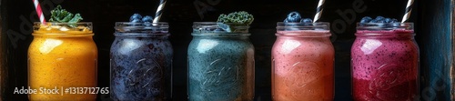 Five colorful smoothies served in mason jars with fresh fruit and striped straws on a wooden surface. Generative AI photo