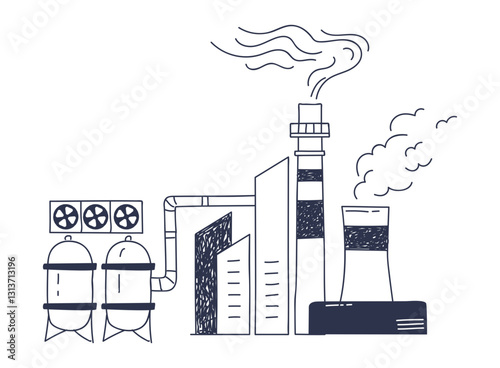 Illustration of a factory with smokestack, symbolizing industrial production.