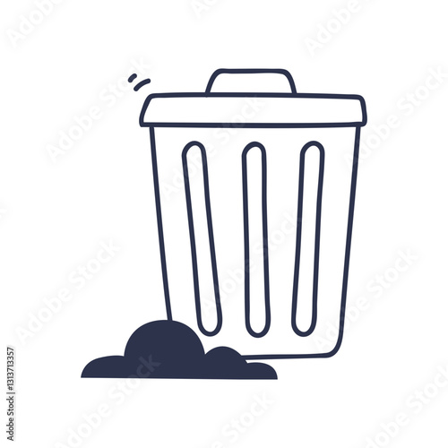 Simple trash bin illustration with lid and trash pile, symbolizing waste management.