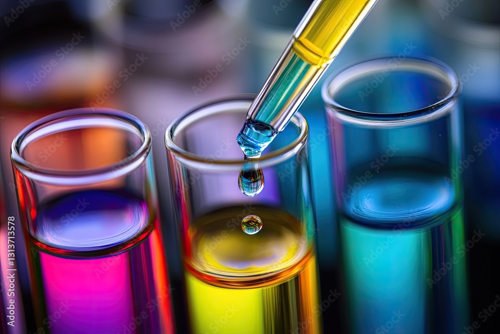 Colorful liquid drop added to test tubes in a lab setting with various solutions Colorful liquid drop added to test tubes in a lab setting with various solutions