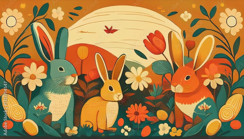 Retro Easter poster in 70s style. Warm colors, funny bunnies, vintage design. Playful holiday illustration. Retro Easter poster in 70s style. Warm colors, funny bunnies, vintage design. Playful holiday illustration.