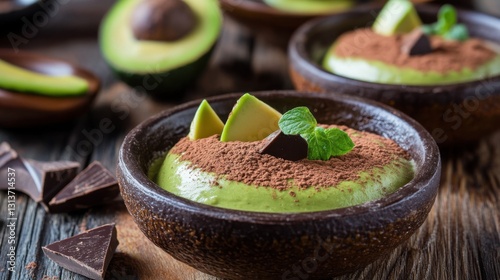 Creamy avocado dessert garnished with mint and chocolate, set on rustic wooden table with avocados