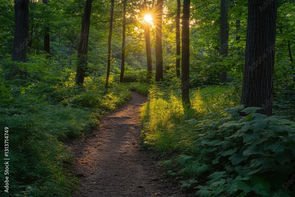 Fototapeta premium Scenic pathway nestled in vibrant foliage during early morning light